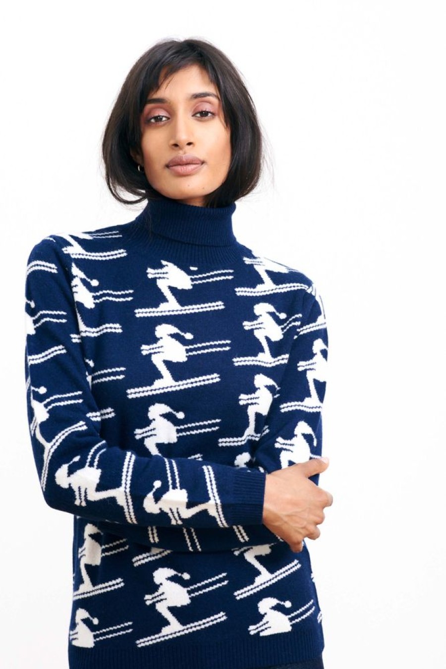 Women Jumper 1234 | All Over Cashmere Ski Roll Neck In Navy And Cream