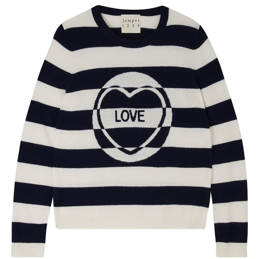 Women Jumper 1234 | Cashmere Miss Match Stripe Love Crew In Navy And Cream