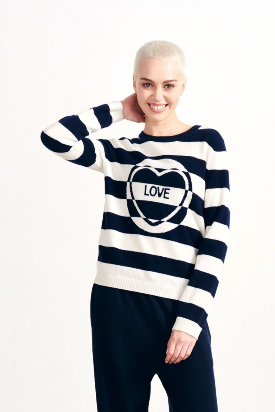 Women Jumper 1234 | Cashmere Miss Match Stripe Love Crew In Navy And Cream