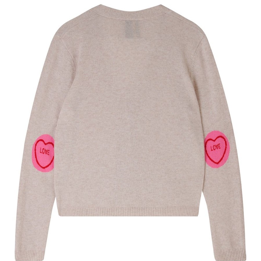 Women Jumper 1234 | Cashmere Love Hearts Patch Cardigan In Oatmeal And Pink