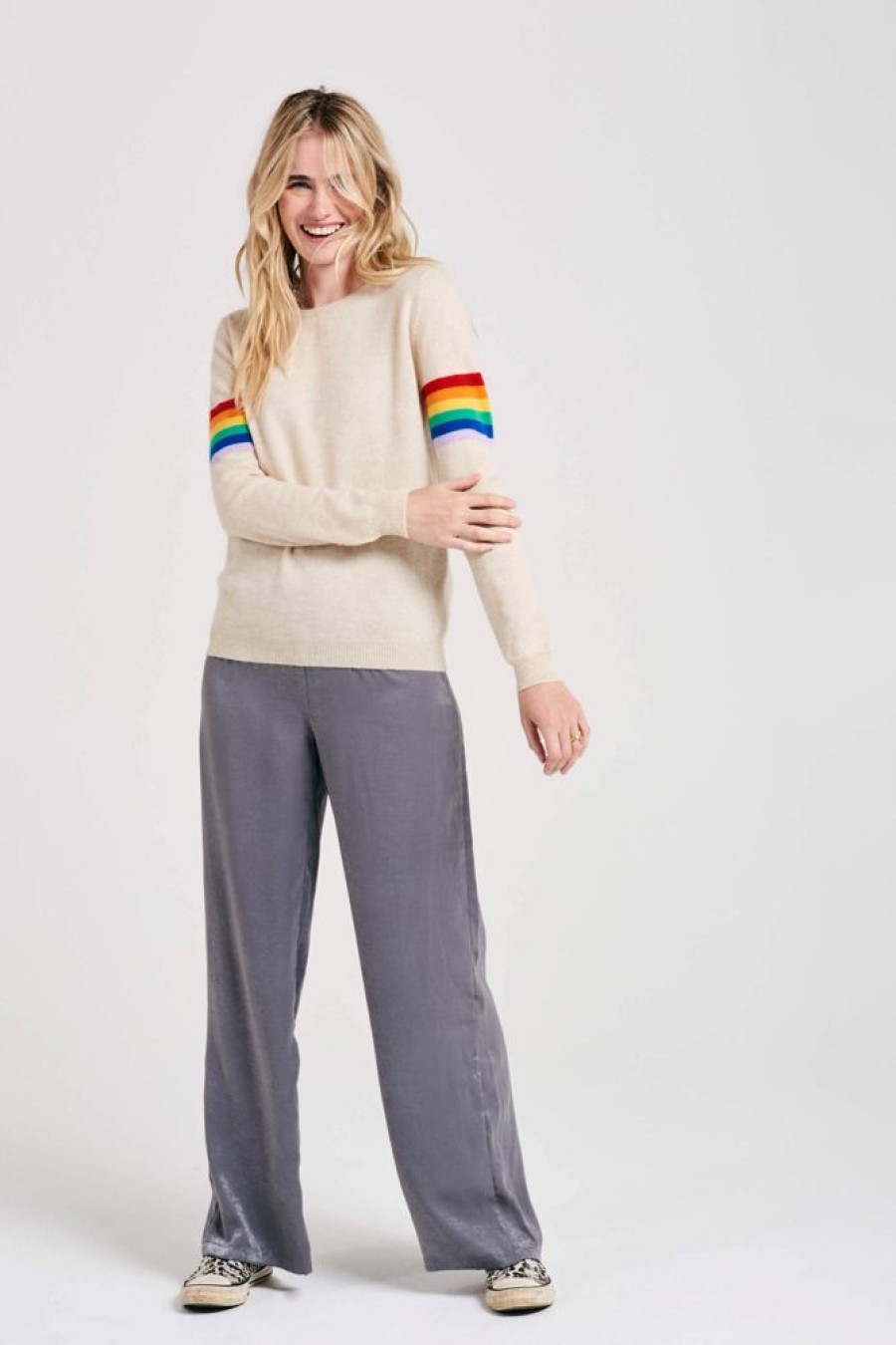 Women Jumper 1234 | Rainbow Arms Cashmere Crew In Oatmeal