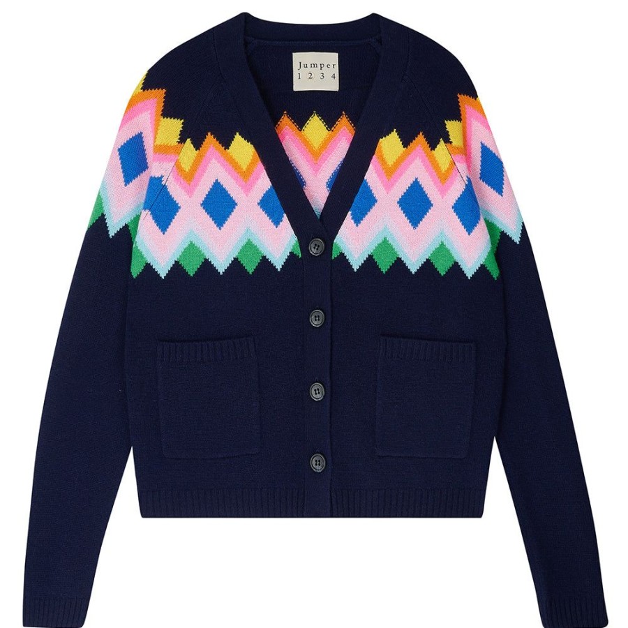 Women Jumper 1234 | Bright Fairisle Cashmere Cardigan In Navy