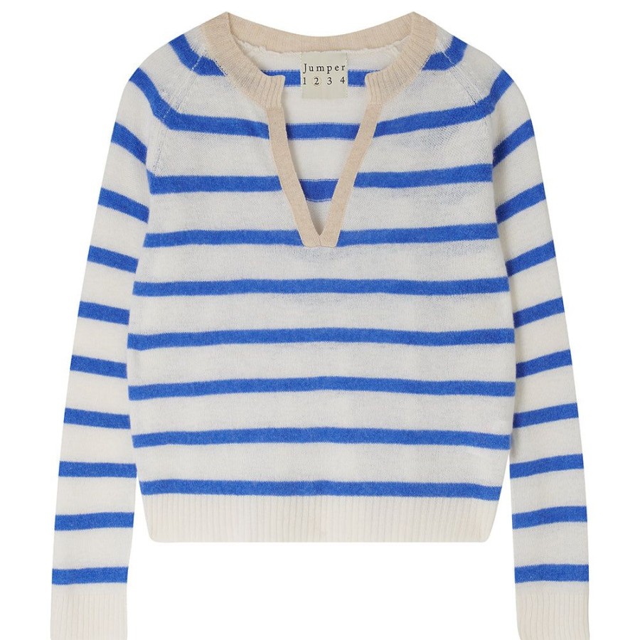 Women Jumper 1234 | Cashmere Stripe Open Collar In Periwinkle And Cream