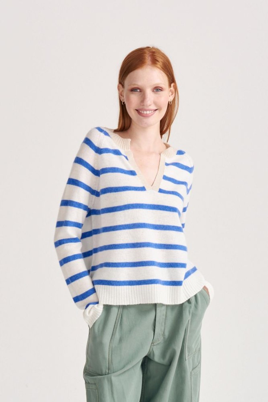 Women Jumper 1234 | Cashmere Stripe Open Collar In Periwinkle And Cream