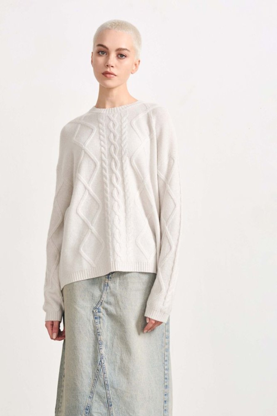 Women Jumper 1234 | Cashmere Aran Crew In Cream Marl