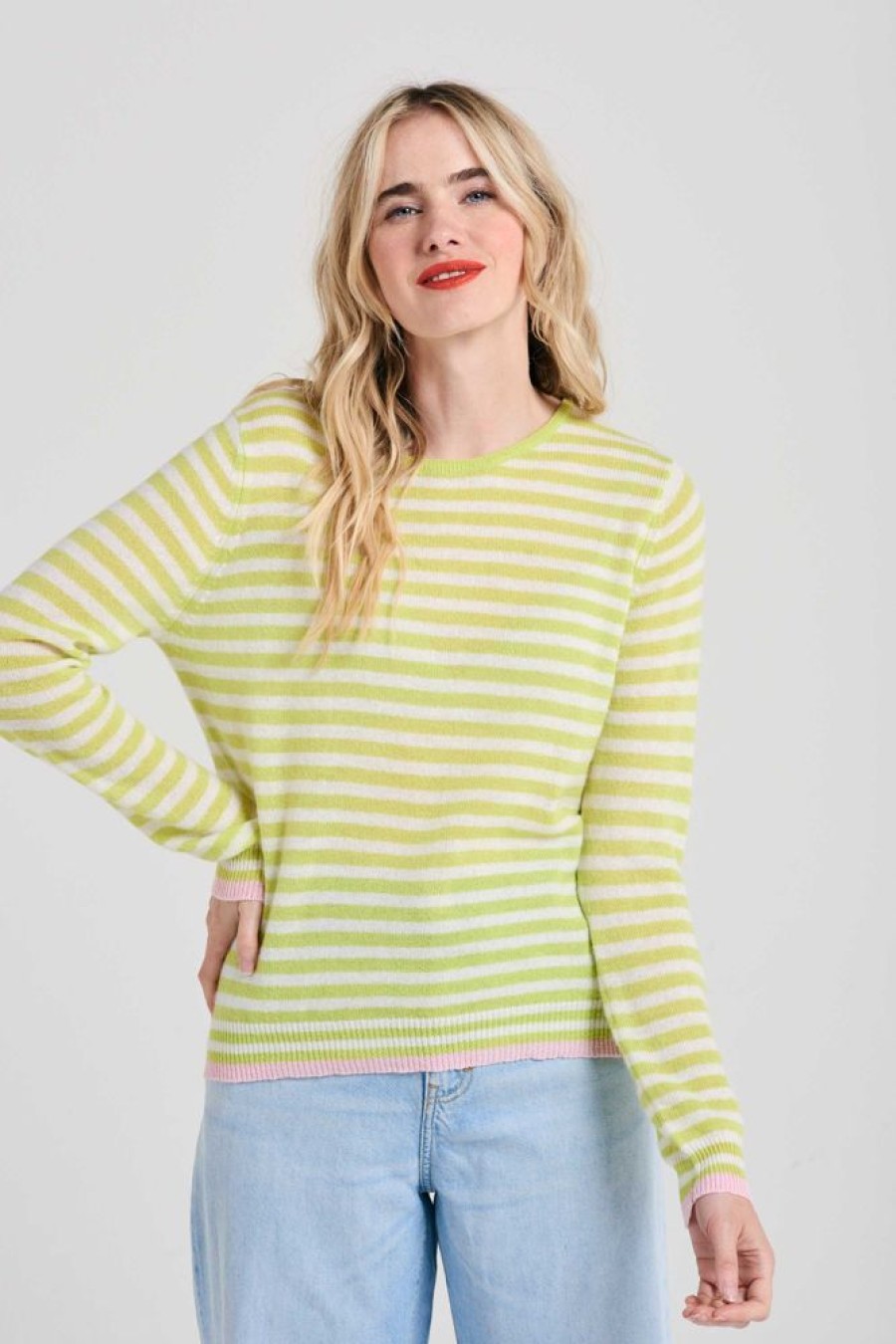 Women Jumper 1234 | Cashmere Tipped Little Stripe Crew In Acid And Cream