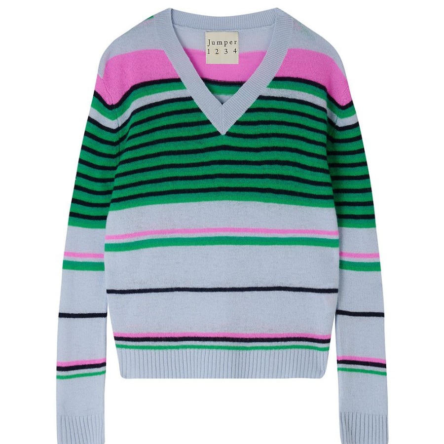 Women Jumper 1234 | Cashmere Stripe Mix Vee In Cement