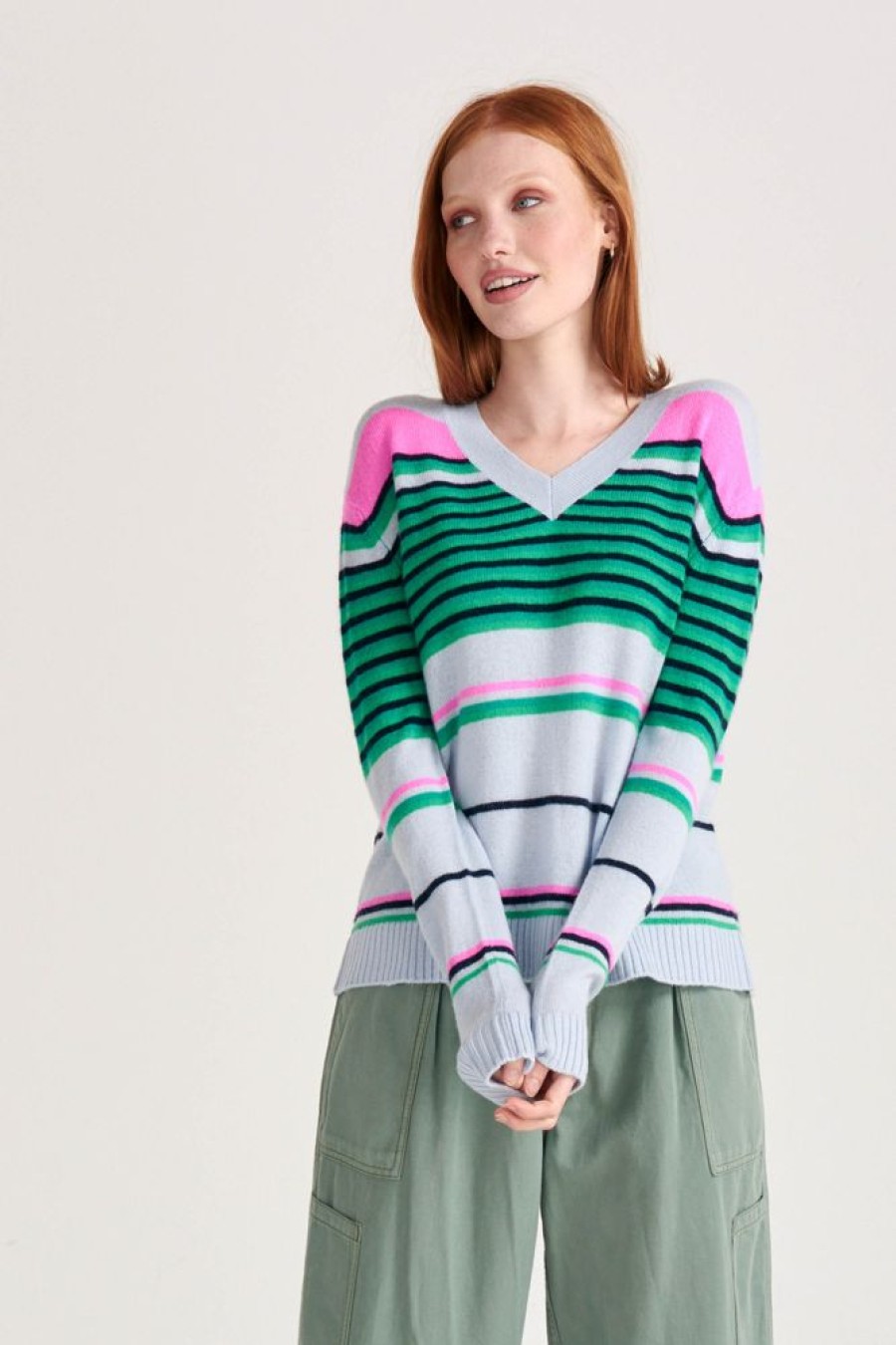 Women Jumper 1234 | Cashmere Stripe Mix Vee In Cement