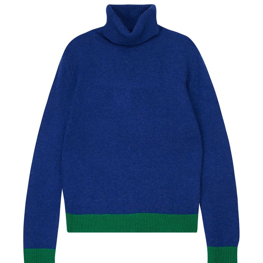 Women Jumper 1234 | Contrast Cashmere Roll Neck In Denim And Grass