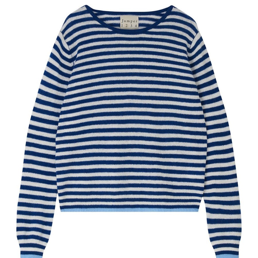 Women Jumper 1234 | Cashmere Tipped Little Stripe Crew In Denim And Cream