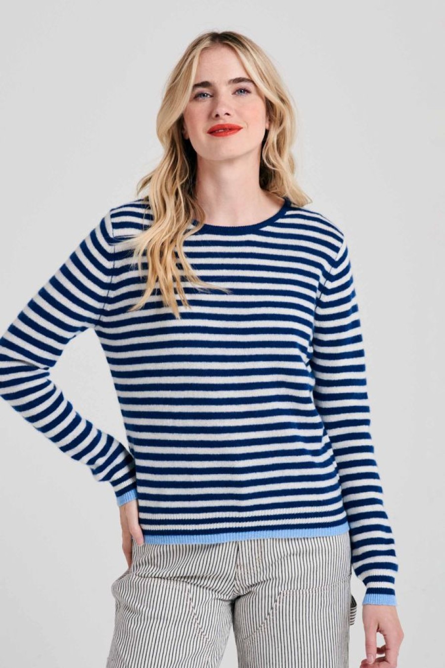 Women Jumper 1234 | Cashmere Tipped Little Stripe Crew In Denim And Cream