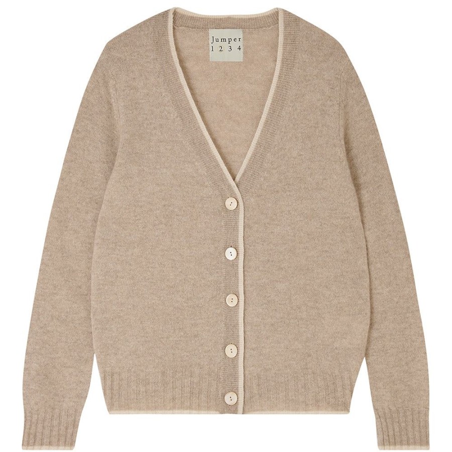 Women Jumper 1234 | Contrast Tip Cashmere Cardigan In Organic Light Brown And Oatmeal