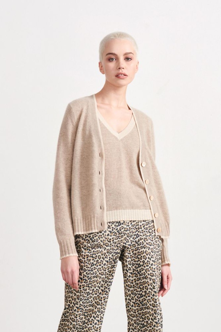 Women Jumper 1234 | Contrast Tip Cashmere Cardigan In Organic Light Brown And Oatmeal