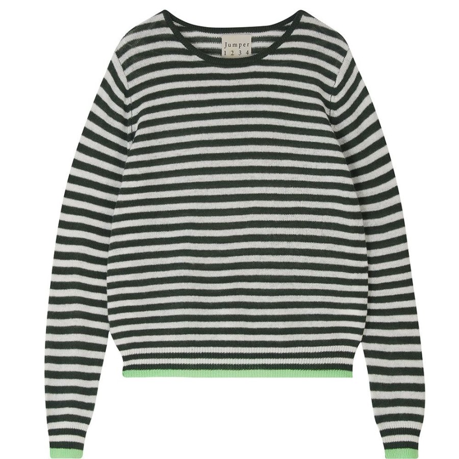 Women Jumper 1234 | Cashmere Tipped Little Stripe Crew In Khaki And Cream