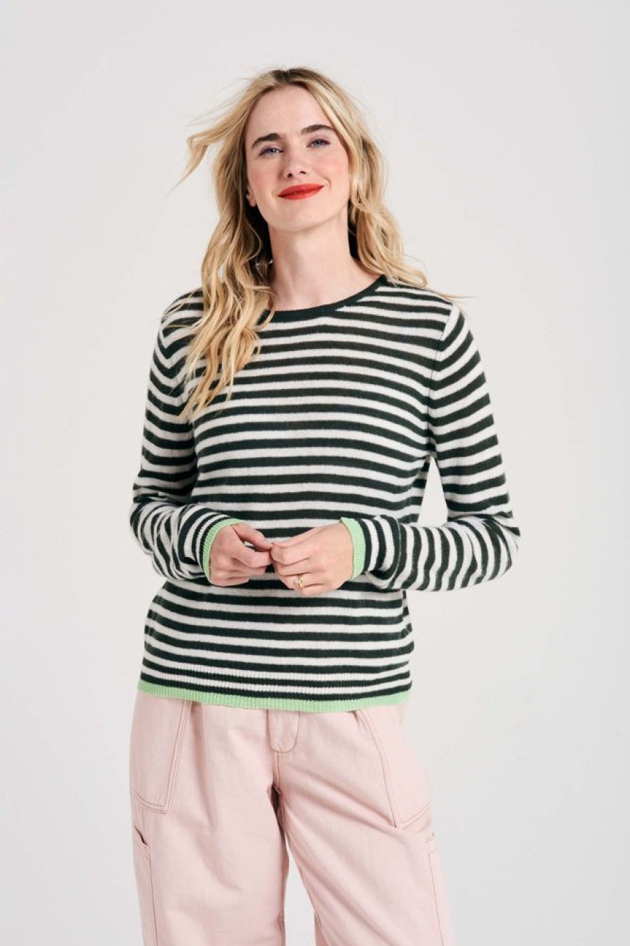 Women Jumper 1234 | Cashmere Tipped Little Stripe Crew In Khaki And Cream