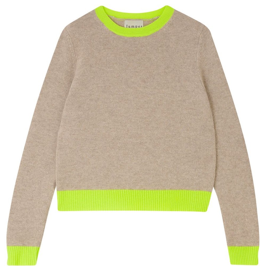 Women Jumper 1234 | Contrast Cashmere Crew In Organic Light Brown And Neon Yellow