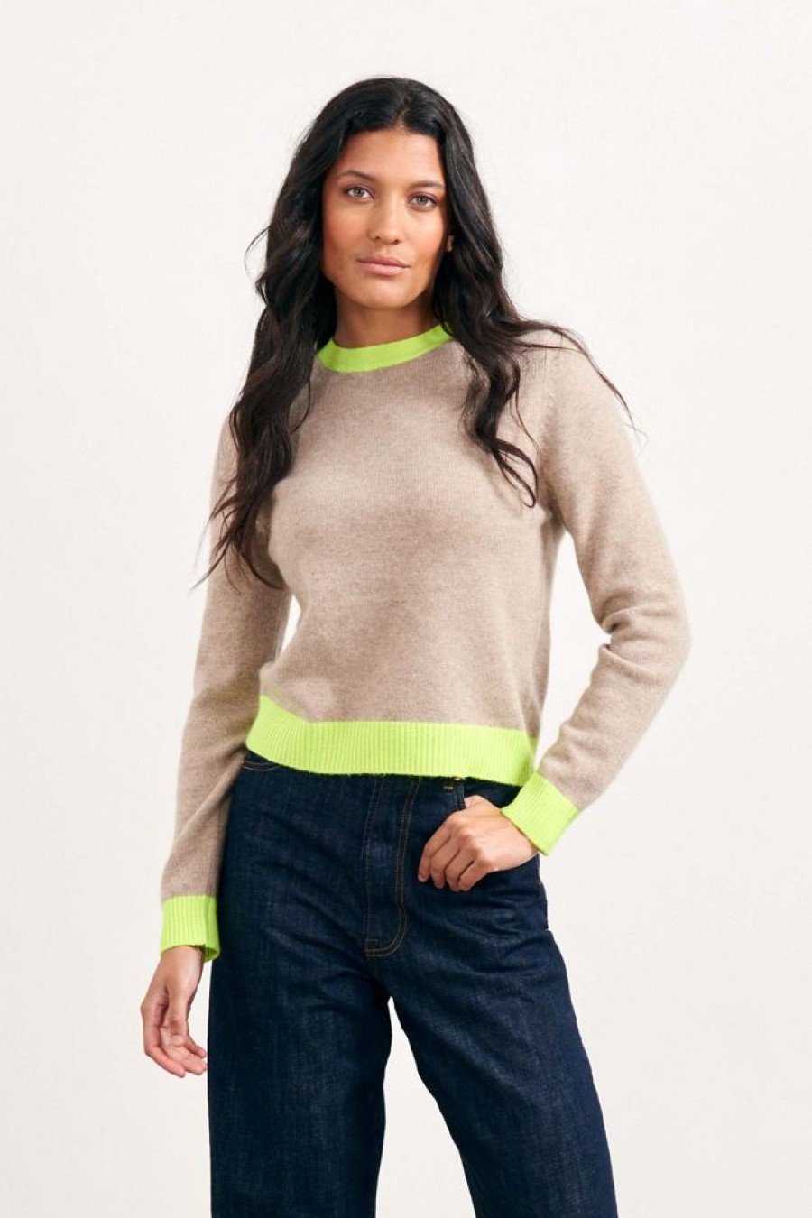 Women Jumper 1234 | Contrast Cashmere Crew In Organic Light Brown And Neon Yellow