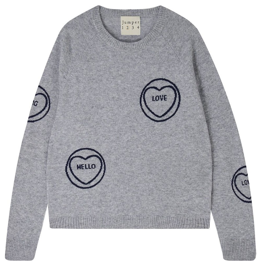 Women Jumper 1234 | Cashmere All Over Love Hearts Sweat In Mid Grey And Navy