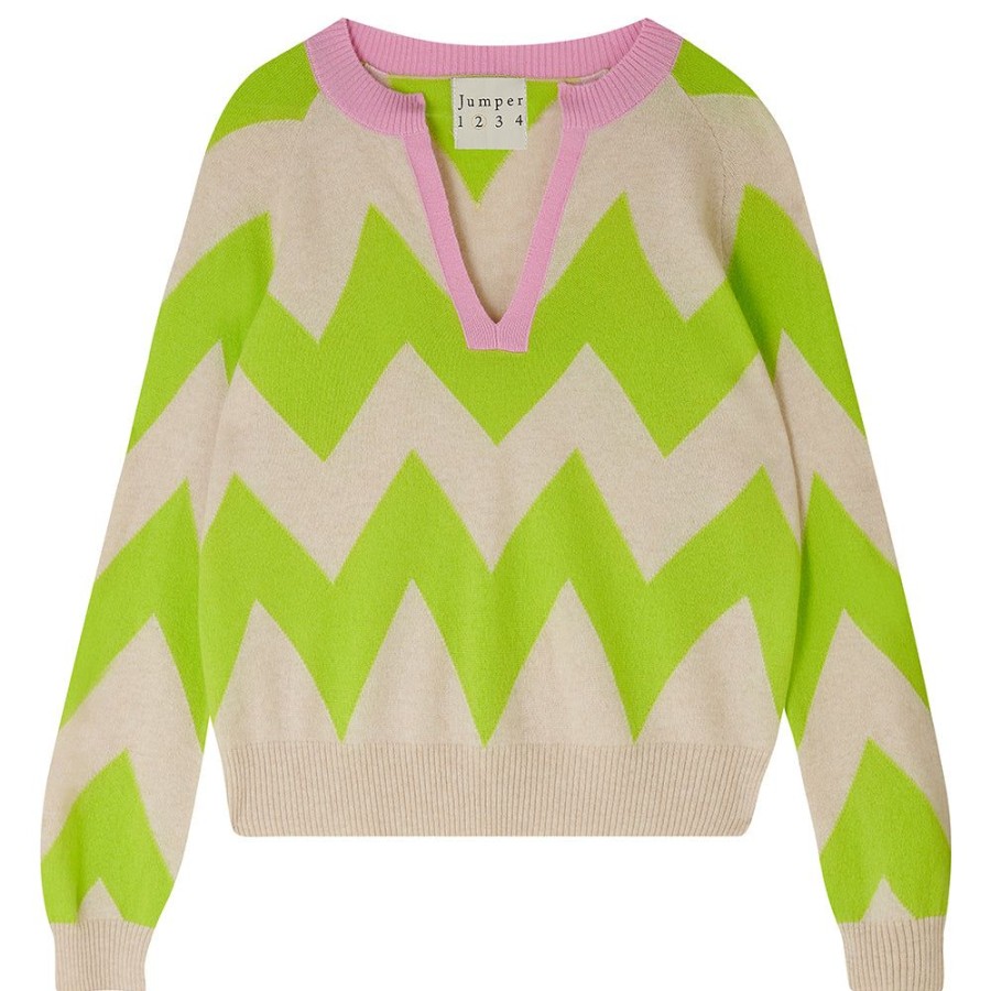 Women Jumper 1234 | Cashmere Zig Zag Open Collar In Oatmeal And Acid