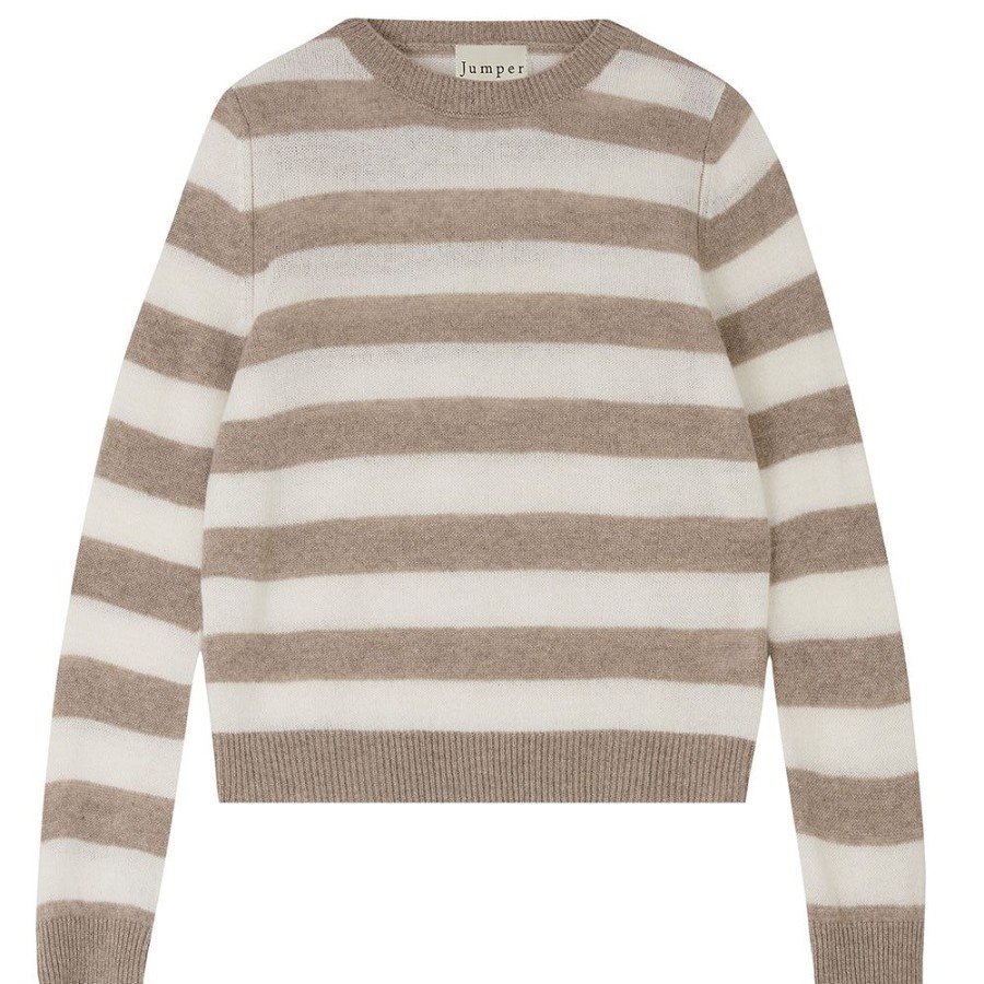 Women Jumper 1234 | Stripe Cashmere Crew In Organic Light Brown And Cream