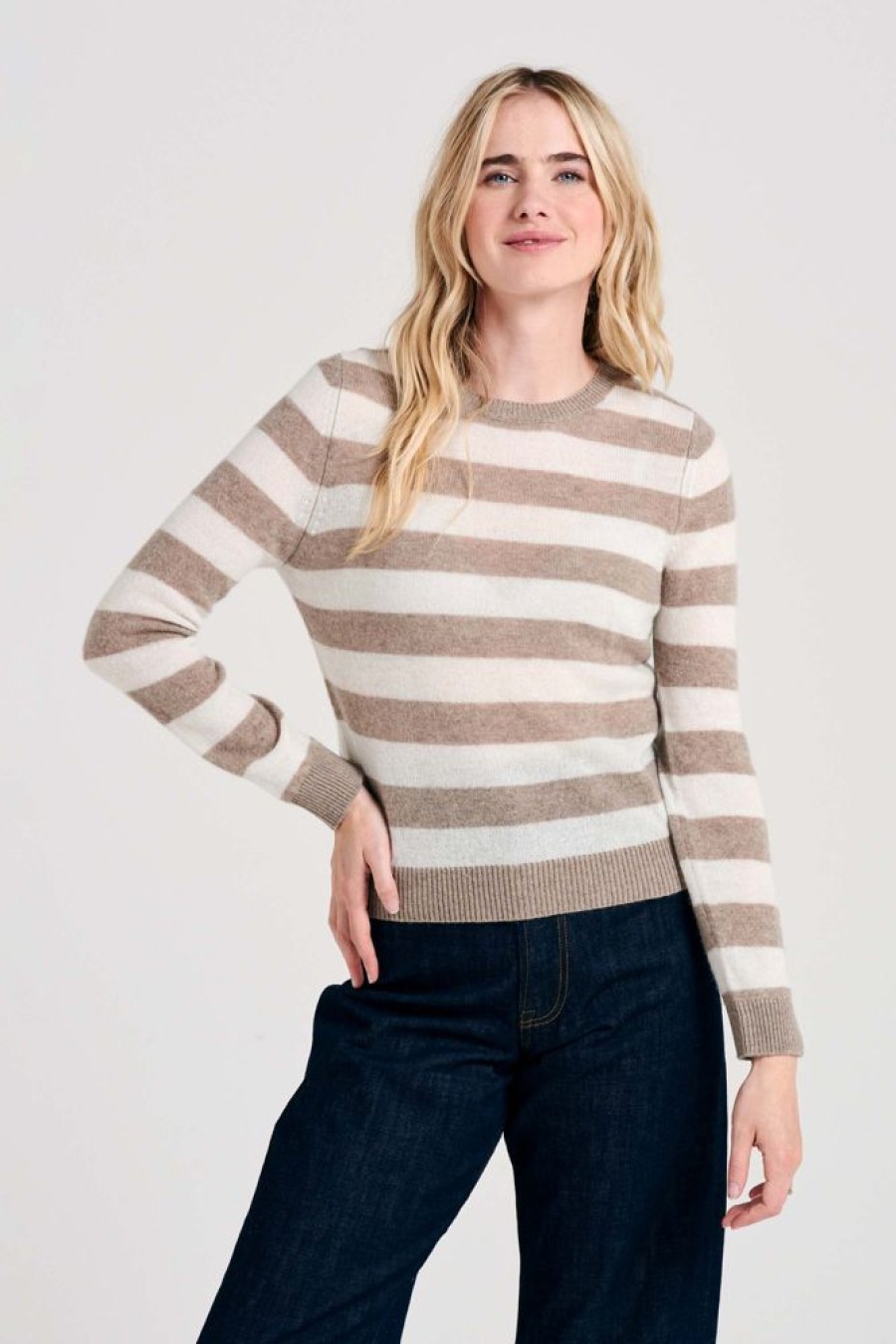 Women Jumper 1234 | Stripe Cashmere Crew In Organic Light Brown And Cream