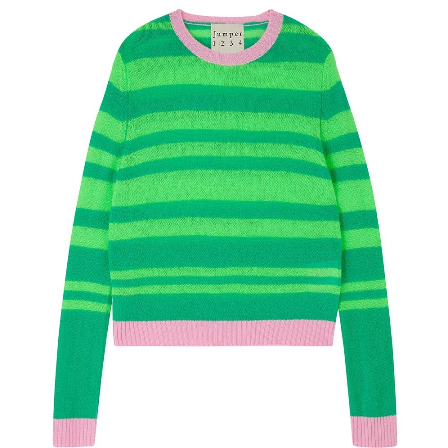 Women Jumper 1234 | Cashmere Contrast Stripe Crew In Bright Green And Neon Green