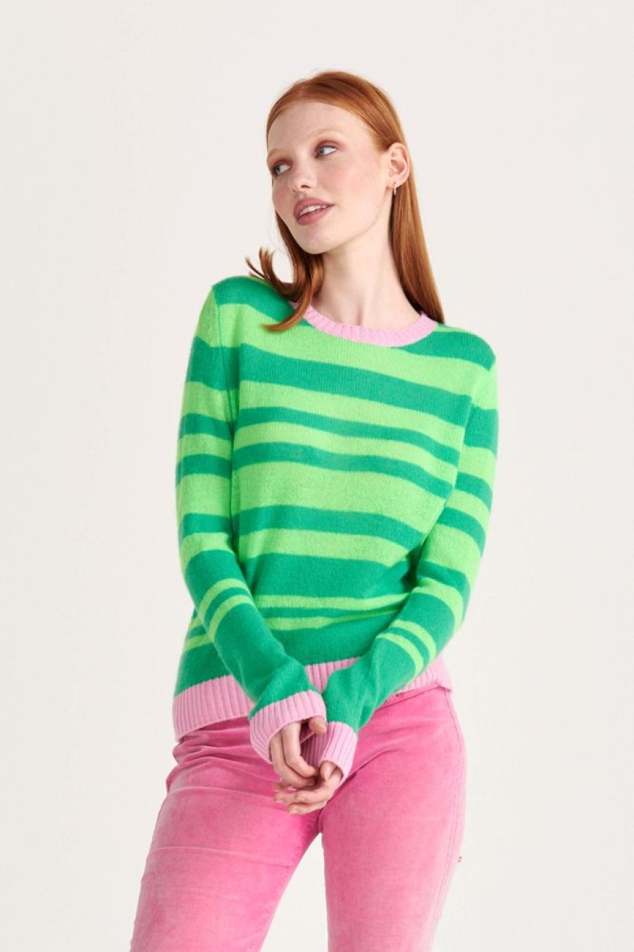 Women Jumper 1234 | Cashmere Contrast Stripe Crew In Bright Green And Neon Green