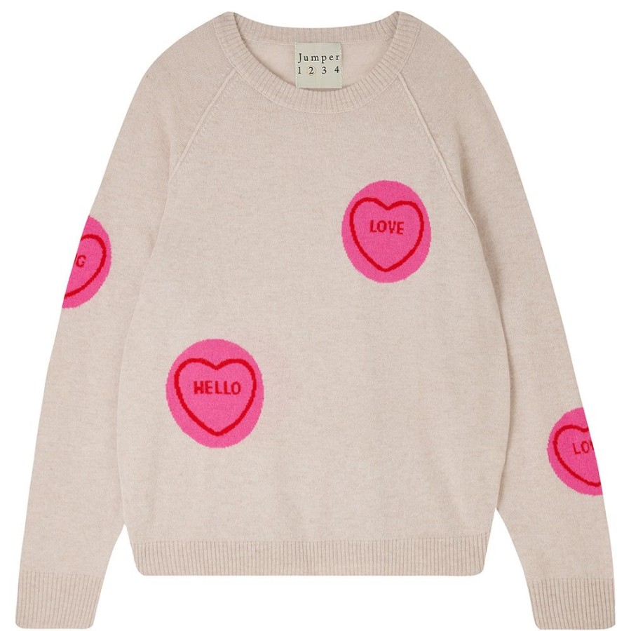 Women Jumper 1234 | Cashmere All Over Love Hearts Sweat In Oatmeal And Pink