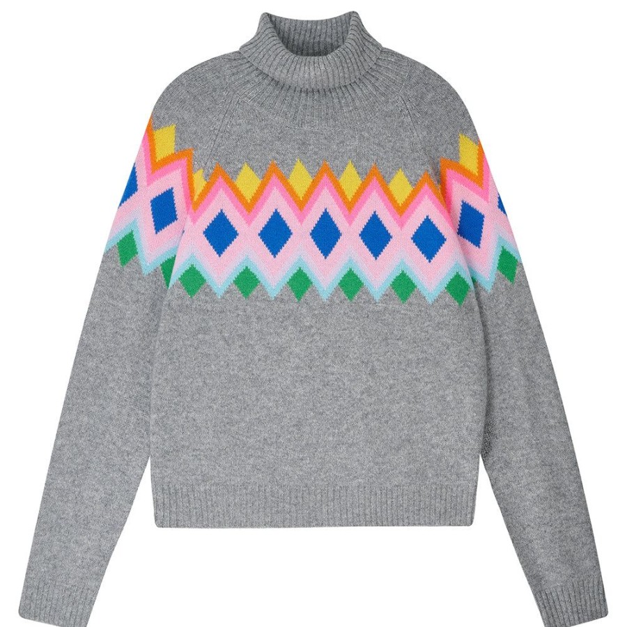 Women Jumper 1234 | Bright Fairisle Cashmere Roll Collar In Mid Grey