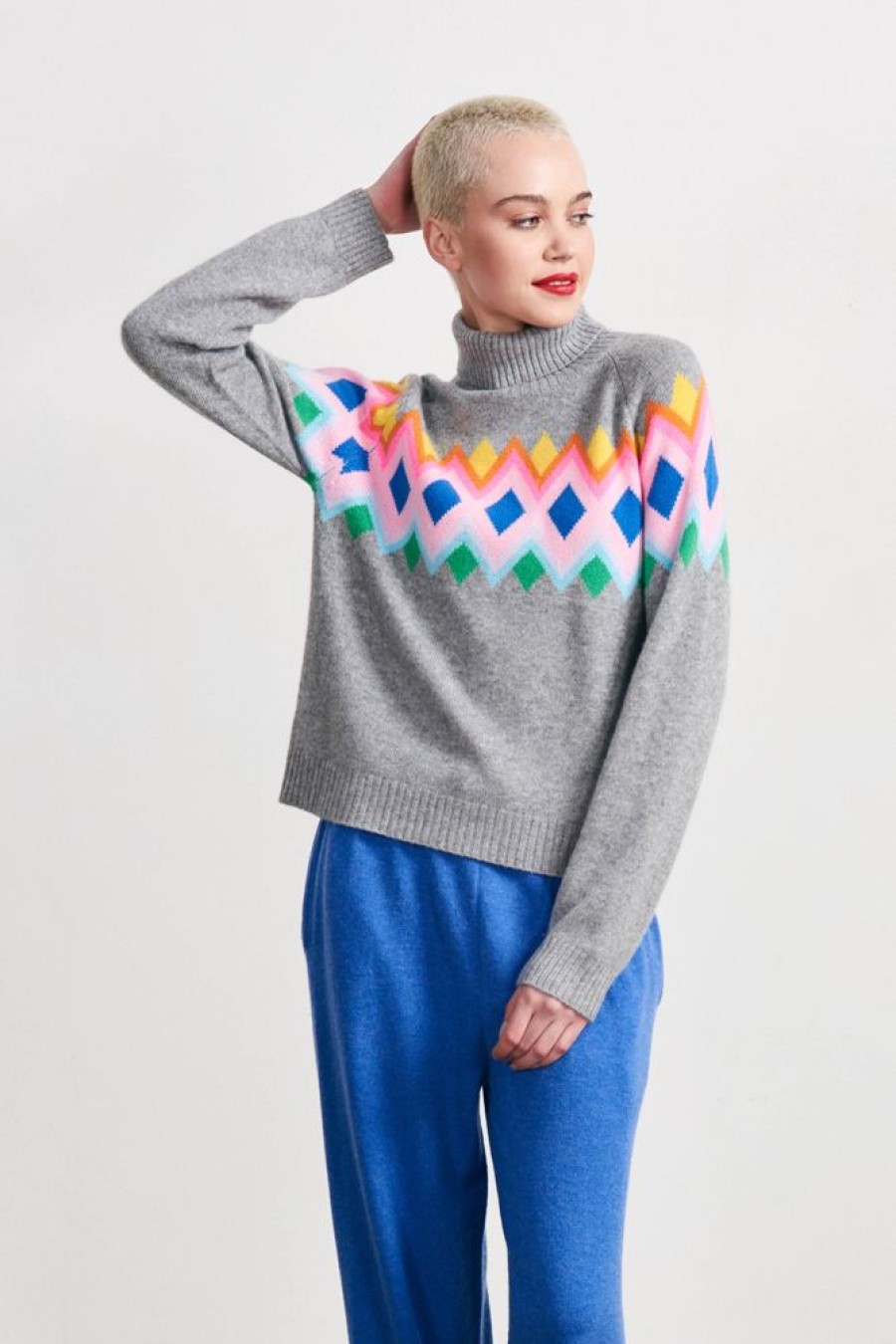 Women Jumper 1234 | Bright Fairisle Cashmere Roll Collar In Mid Grey