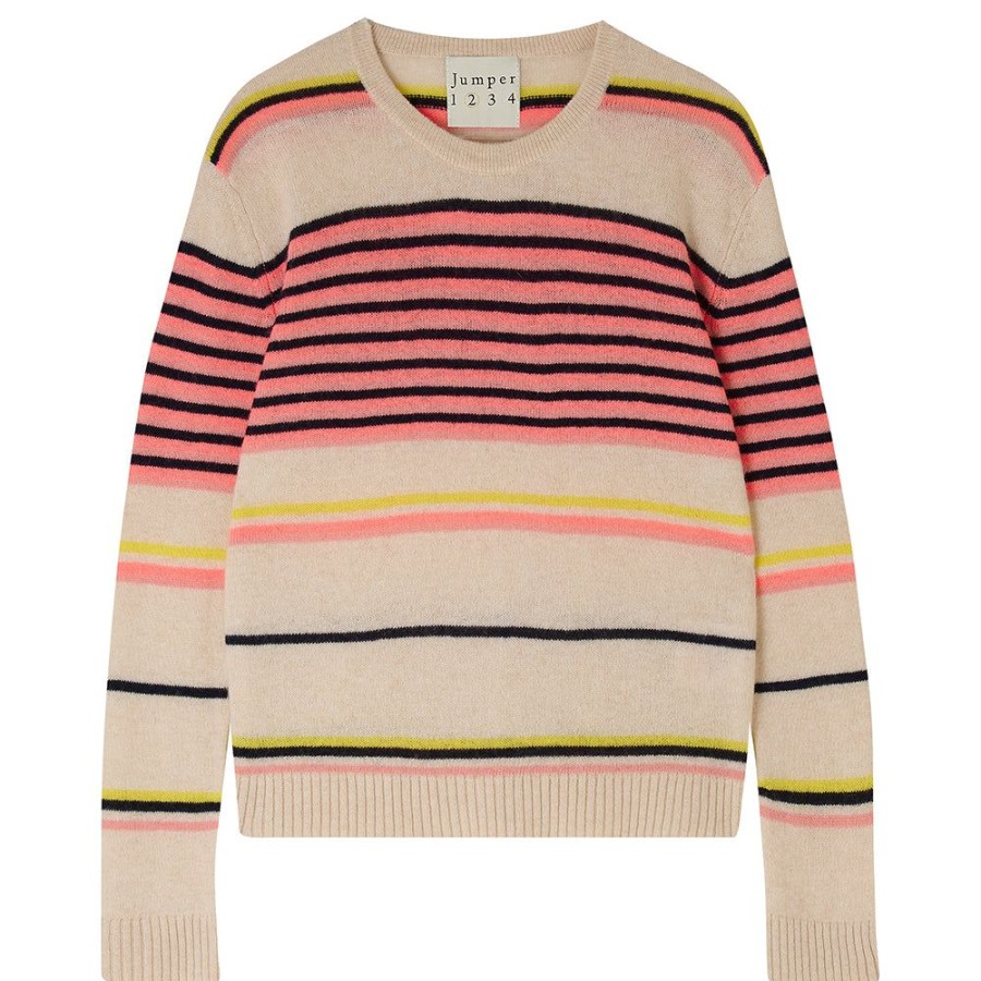 Women Jumper 1234 | Cashmere Stripe Mix Crew In Oatmeal