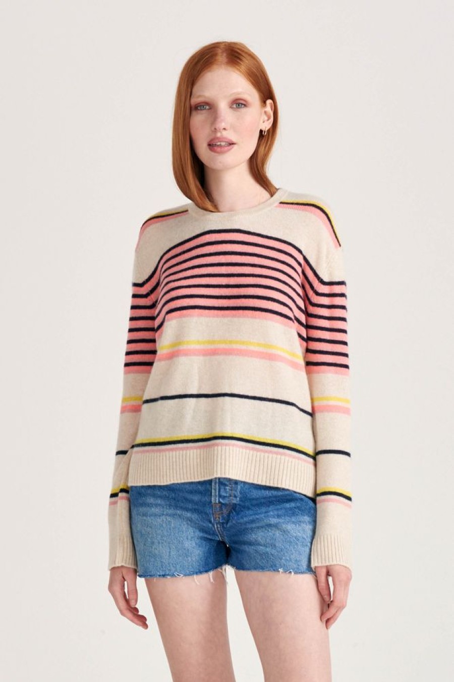 Women Jumper 1234 | Cashmere Stripe Mix Crew In Oatmeal