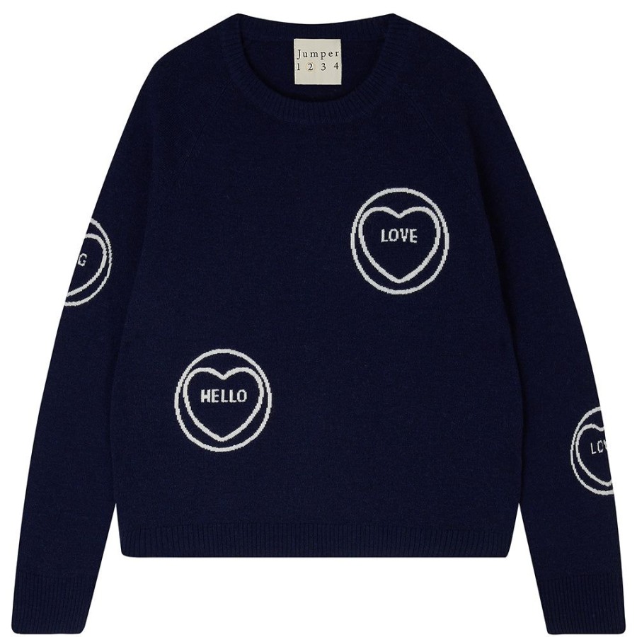 Women Jumper 1234 | Cashmere All Over Love Hearts Sweat In Navy And Cream