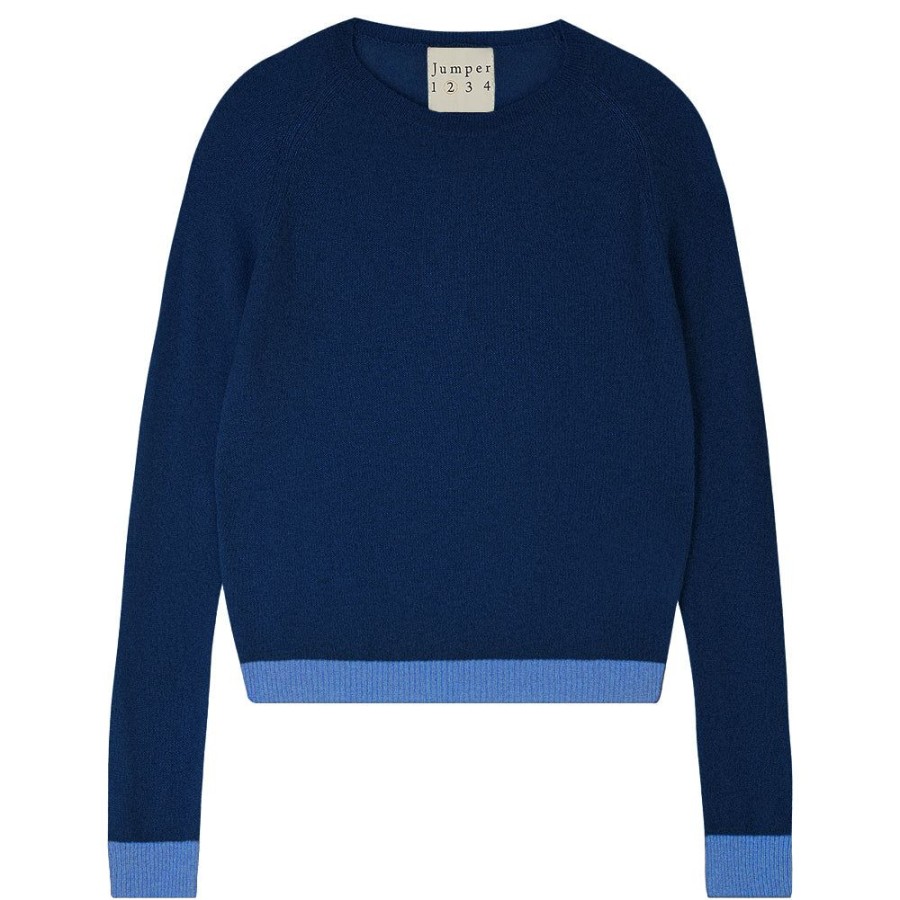 Women Jumper 1234 | Cashmere Contrast Crew In Denim And Periwinkle