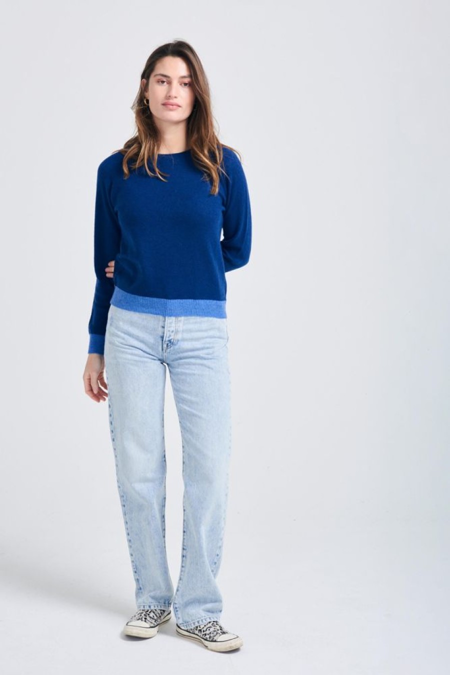 Women Jumper 1234 | Cashmere Contrast Crew In Denim And Periwinkle