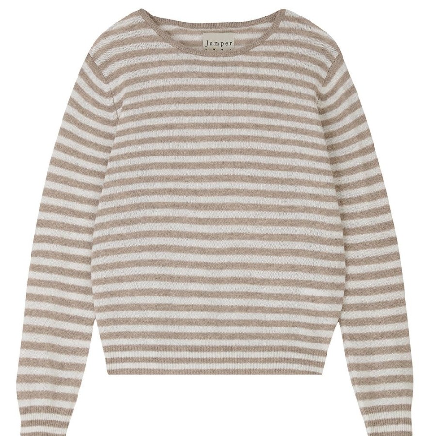 Women Jumper 1234 | Little Stripe Cashmere Crew In Organic Light Brown And Cream