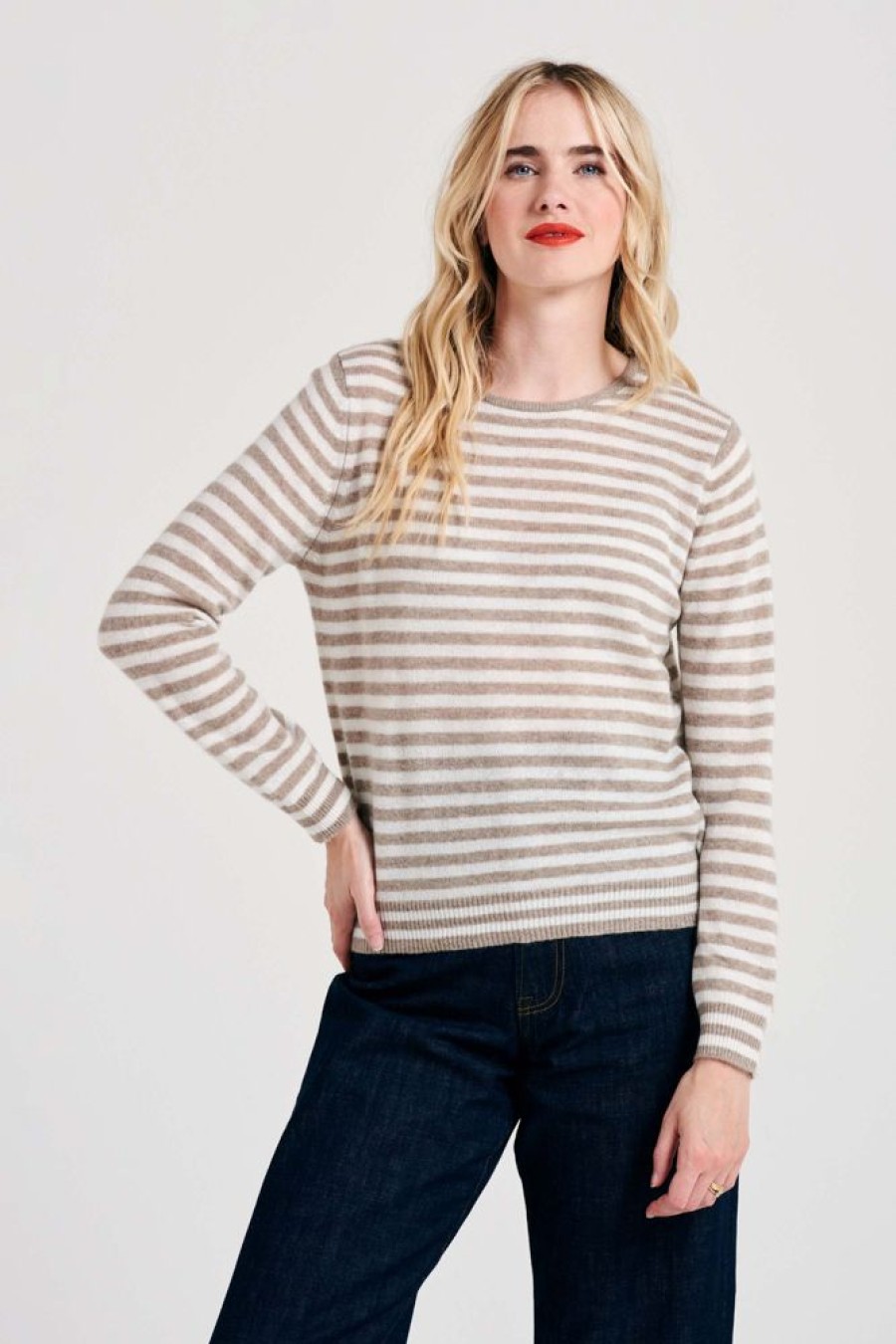 Women Jumper 1234 | Little Stripe Cashmere Crew In Organic Light Brown And Cream