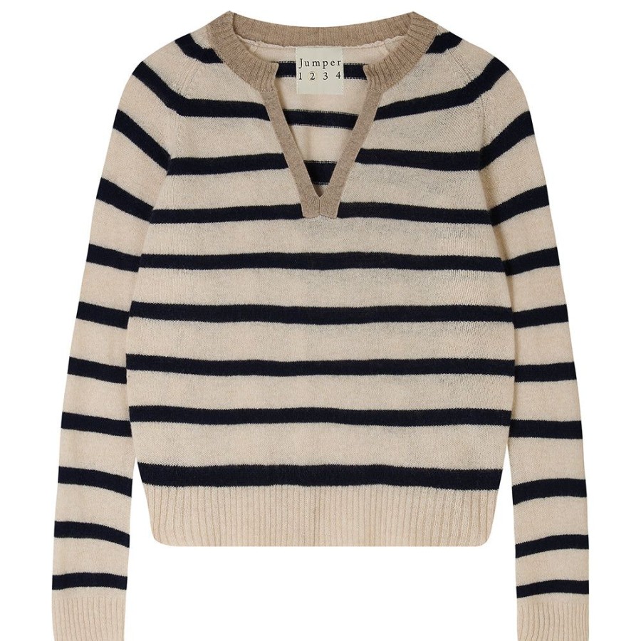 Women Jumper 1234 | Cashmere Stripe Open Collar In Oatmeal And Navy