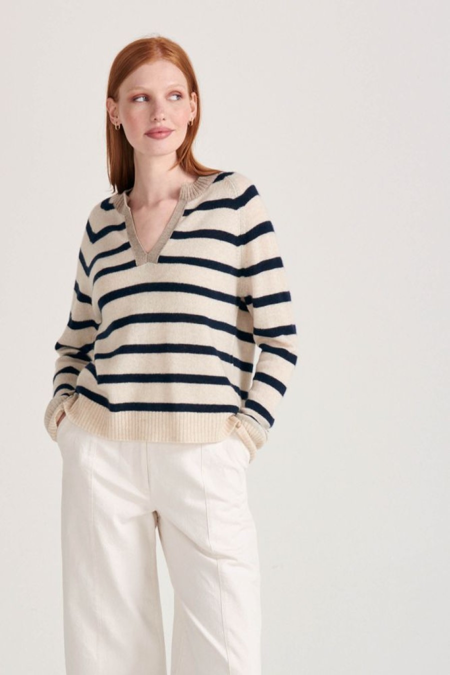 Women Jumper 1234 | Cashmere Stripe Open Collar In Oatmeal And Navy