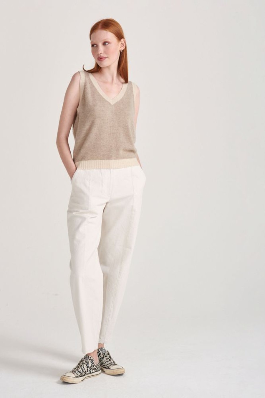 Women Jumper 1234 | Contrast Cashmere Tank In Organic Light Brown And Oatmeal